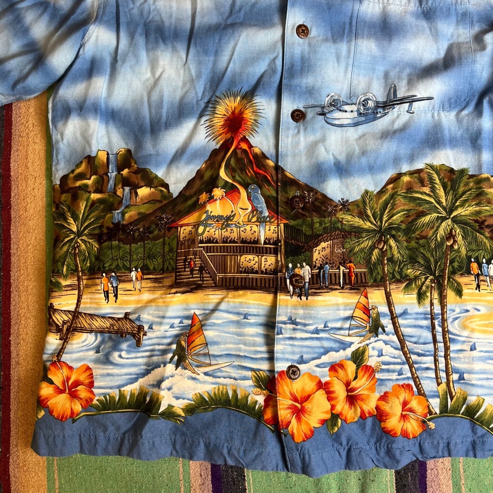 Koko Island Hawaiian Shirt Mens Large Blue Tropical Volcano Seaplane Made in USA - Picture 10 of 12